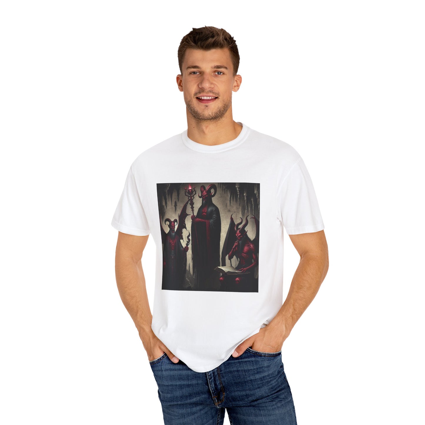 Devil-Inspired Unisex Garment-Dyed T-Shirt, Gothic Tee, Halloween Apparel, Cool Graphic Shirt, Unique Gift for Friends, Casual Wear