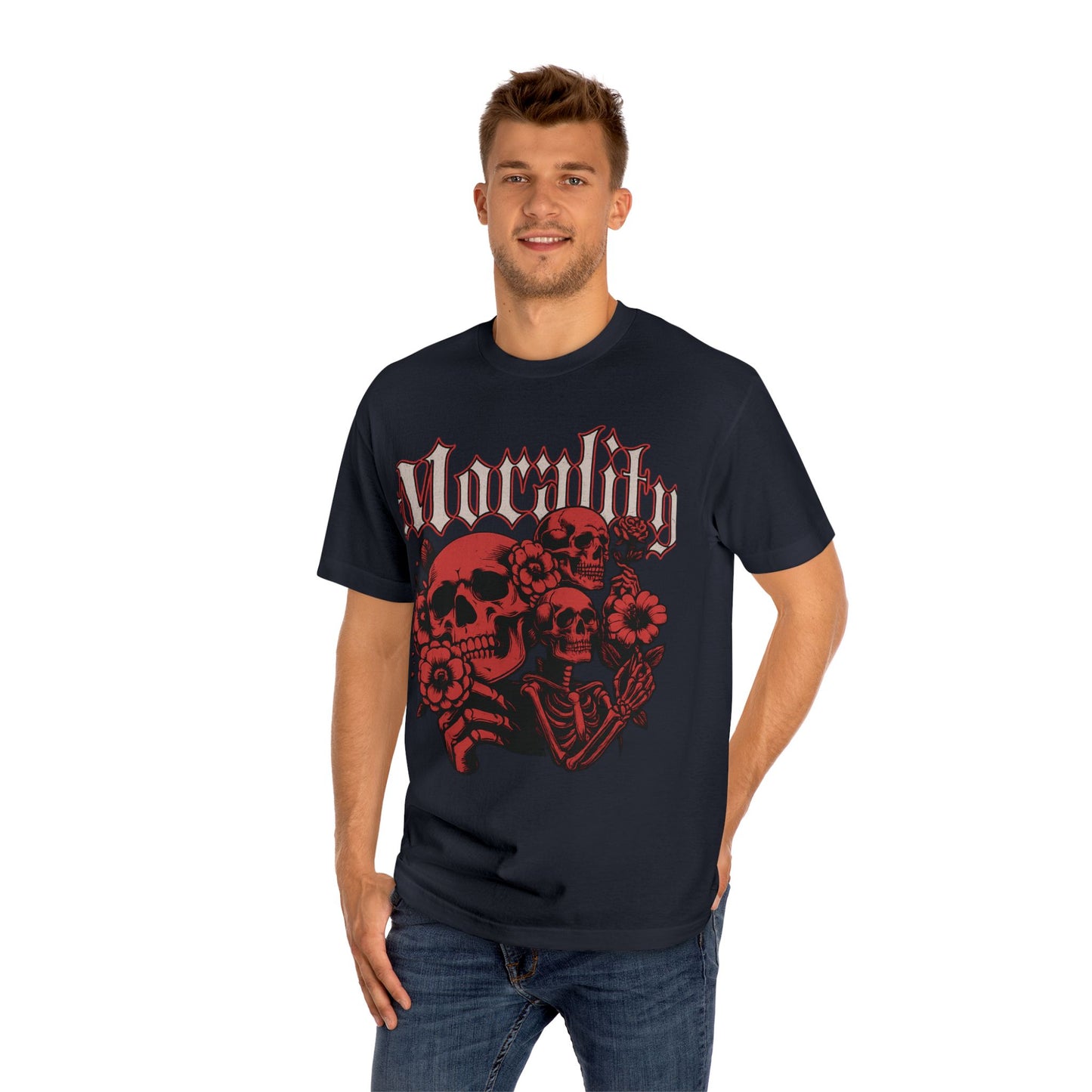Funky wave Gothic Graphic Tee - Unisex Classic Tee with Skull and Flowers, Perfect for Halloween, Alt Fashion, Gifts for Him/Her, Mortality Theme