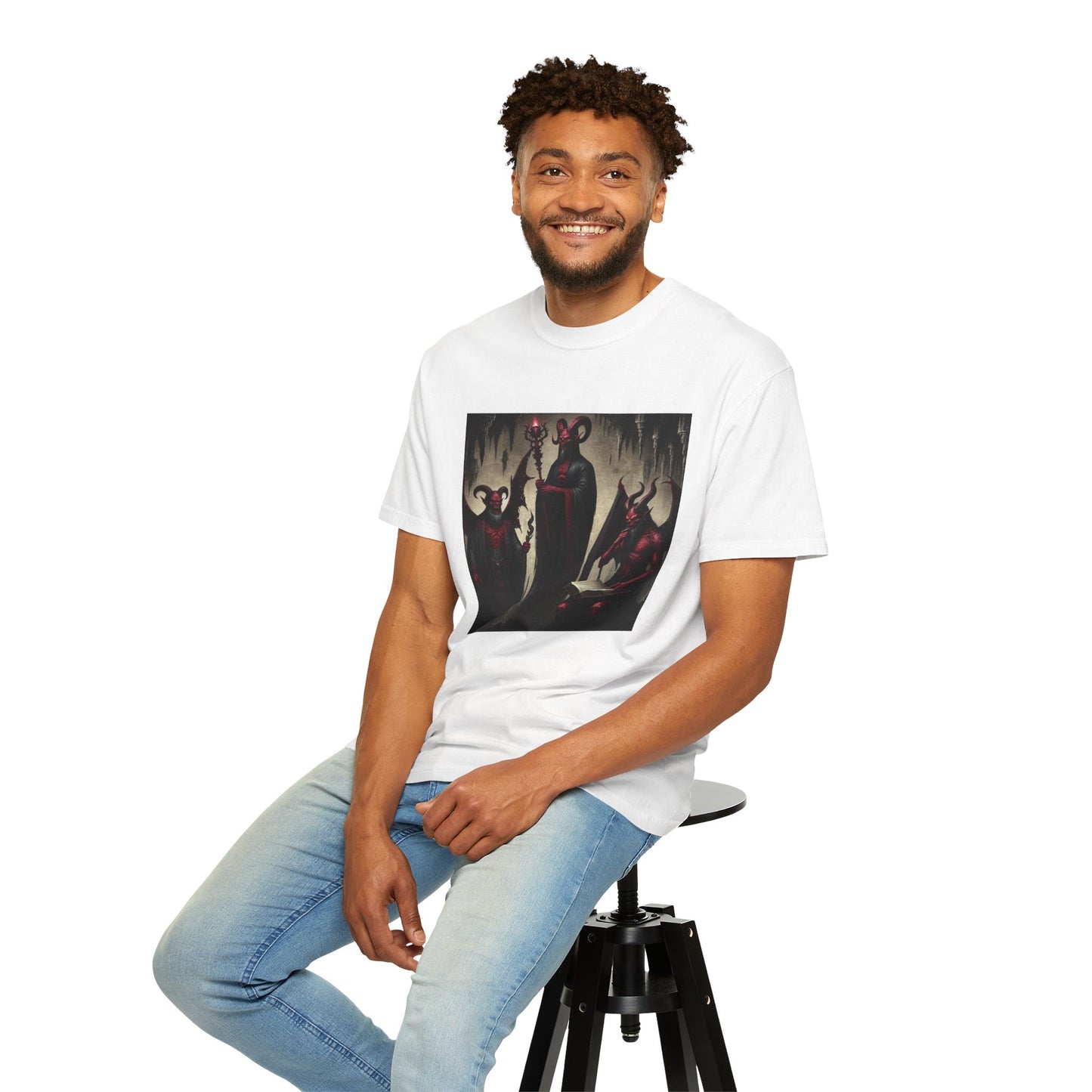Devil-Inspired Unisex Garment-Dyed T-Shirt, Gothic Tee, Halloween Apparel, Cool Graphic Shirt, Unique Gift for Friends, Casual Wear