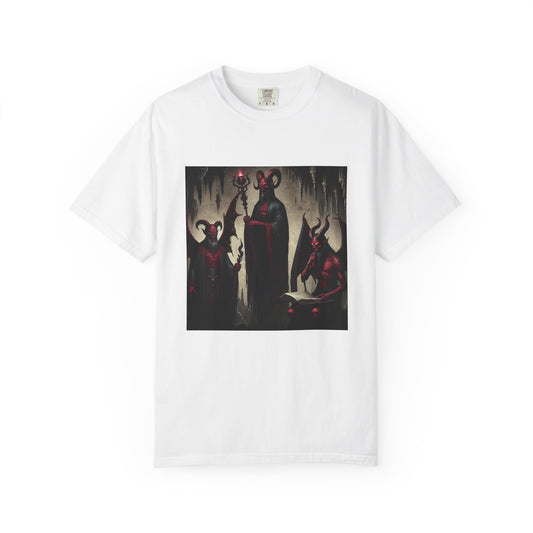 Devil-Inspired Unisex Garment-Dyed T-Shirt, Gothic Tee, Halloween Apparel, Cool Graphic Shirt, Unique Gift for Friends, Casual Wear