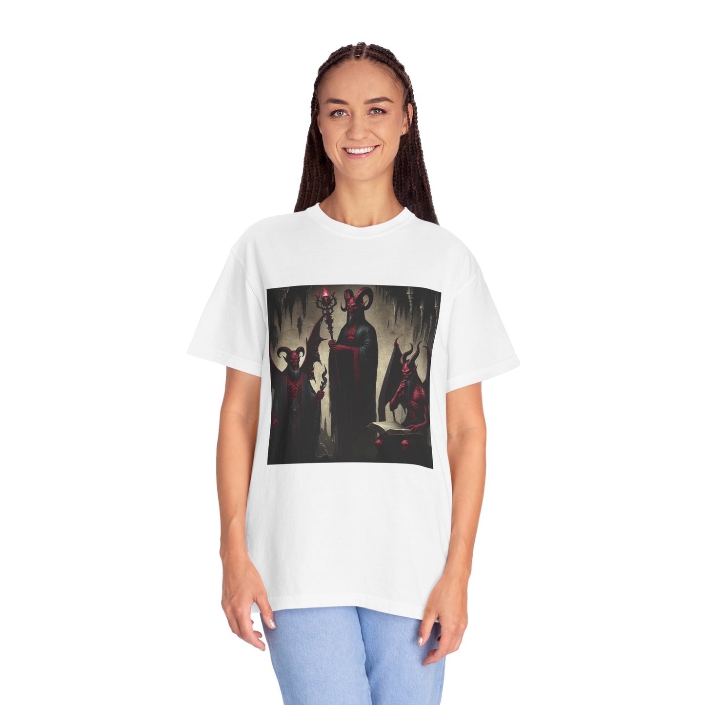 Devil-Inspired Unisex Garment-Dyed T-Shirt, Gothic Tee, Halloween Apparel, Cool Graphic Shirt, Unique Gift for Friends, Casual Wear